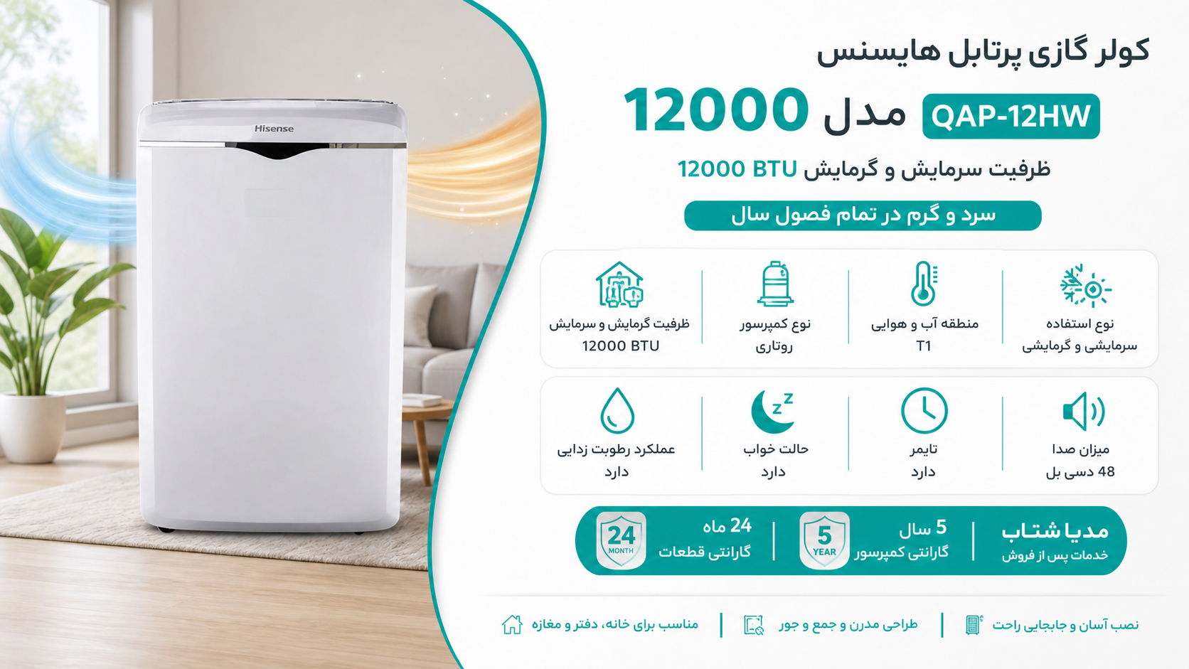 مشخصات کولر گازی پرتابل هایسنس 12000 مدل QAP-12HW