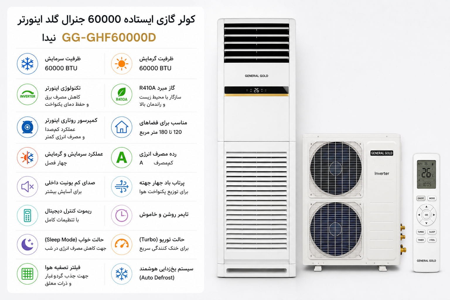 کولر گازی ایستاده جنرال گلد اینورتر نیدا مدل GG-GHF60000D NIDA کولر گازی ایستاده جنرال گلد اینورتر نیدا مدل GG-GHF60000D NIDA